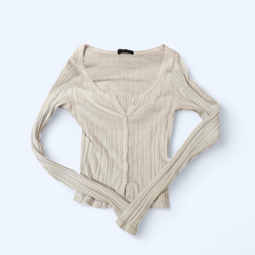 Brandy Melville White Button-Up Ribbed Long Sleeve Top